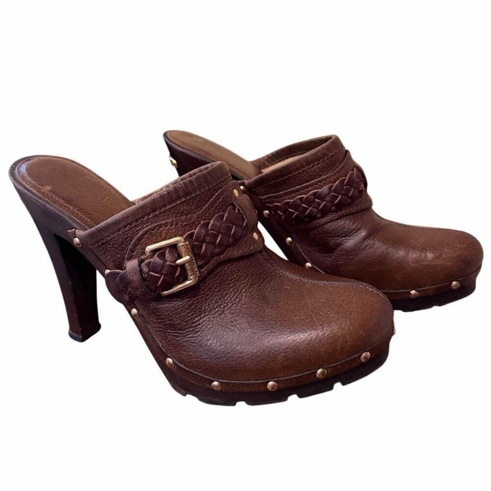 Michael Kors Brown Leather Mules Wooden Heels Women’s Size Braided Detail Size 8 - Picture 9 of 10